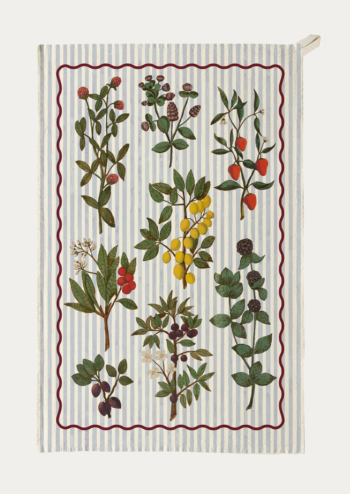 Tea towel with botanical designs on a striped background