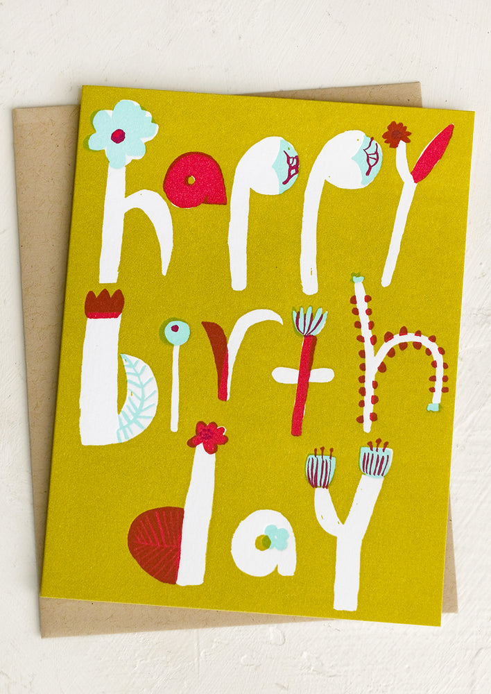 Floral font birthday card in green and red