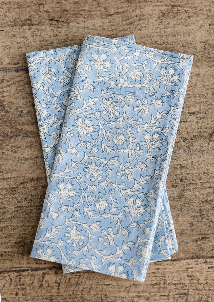 A pair of blue and white colored napkins with floral print.