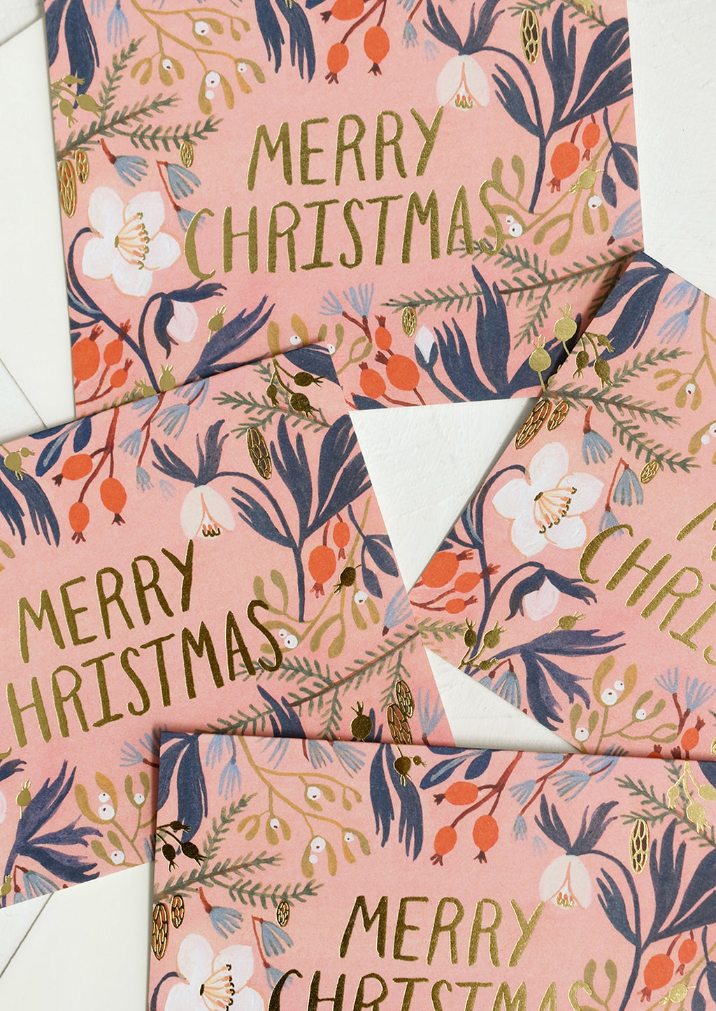 1: A set of pink floral print cards reading "Merry christmas".
