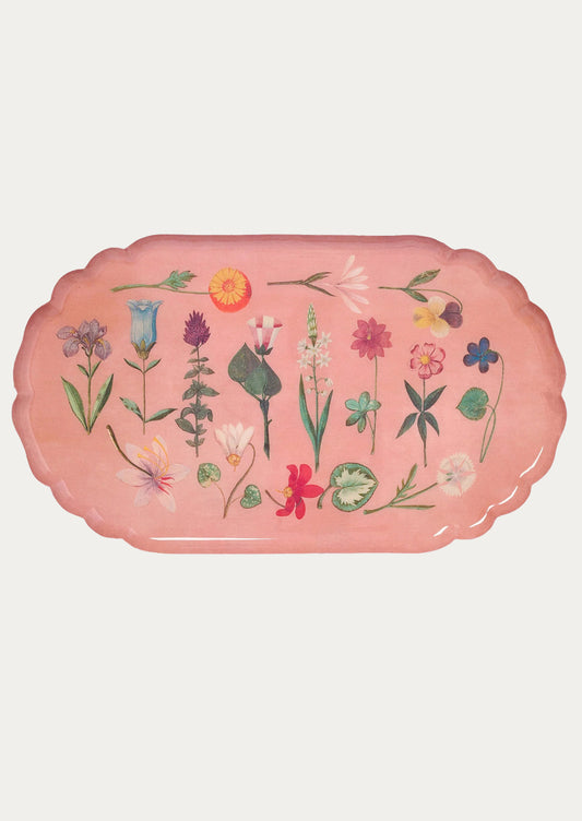 Pink decorative tray with floral patterns.