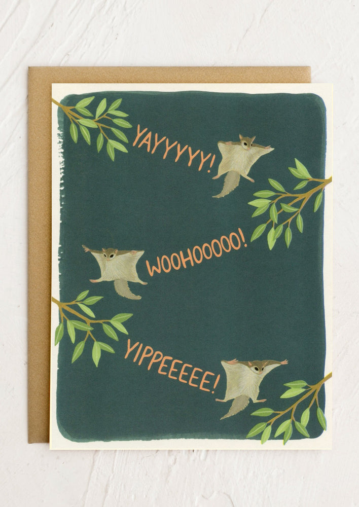 An illustrated card with flying squirrels saying Yay, woohoo and yippee.