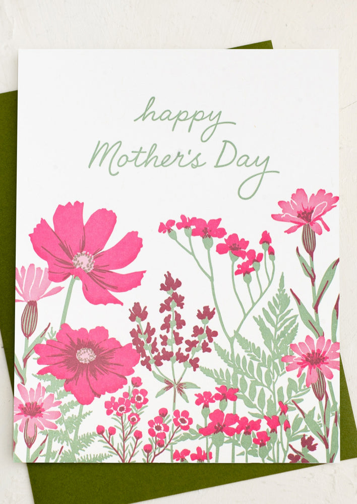 A greeting card with foliage pattern, text reads "Happy Mother's Day".