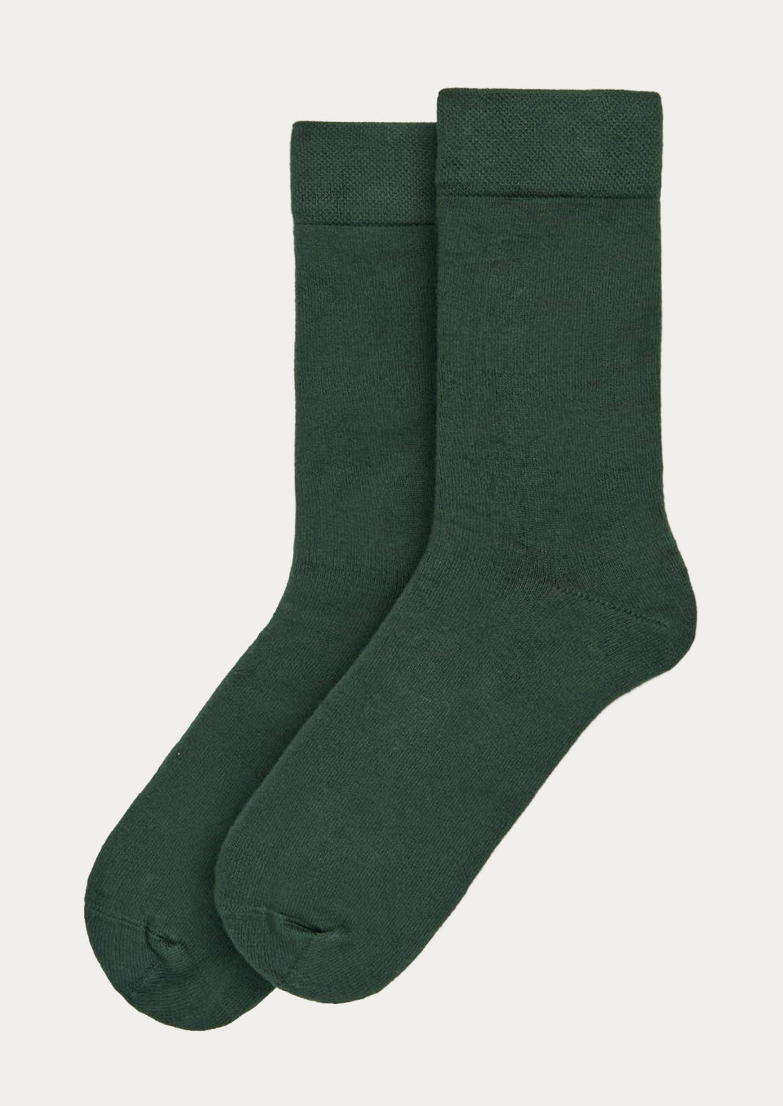 A pair of forest green bamboo blend calf-length crew socks.