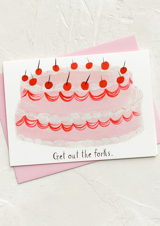 Card with a cake illustration and text 'Get out the forks' on a textured white background