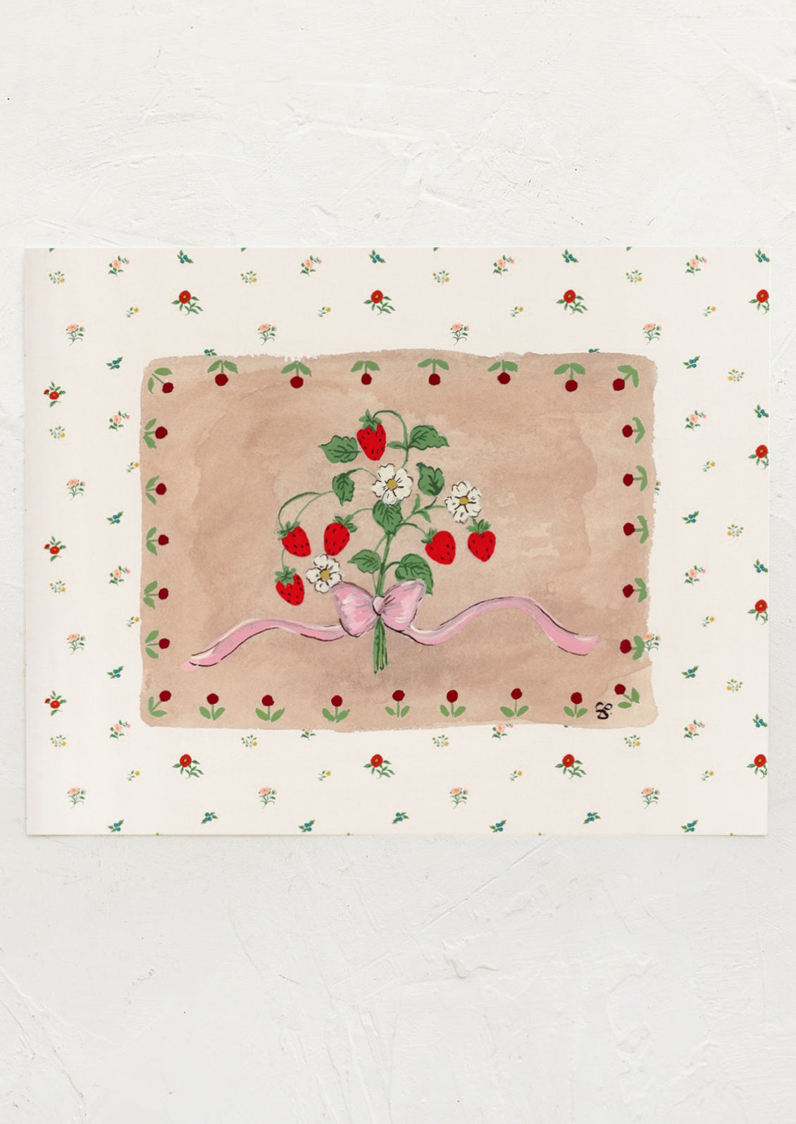 An illustrated art print of a strawberry plant tied with pink bow, with floral border.