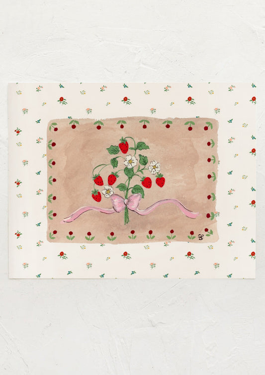 An illustrated art print of a strawberry plant tied with pink bow, with floral border.