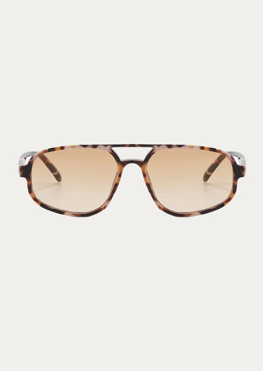 A pair of aviator style sunglasses with a marble tortoise frame and light brown tinted lenses.