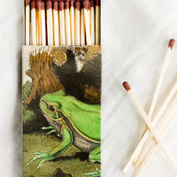 1: A frog print matchbox with long, brown-tipped matches.
