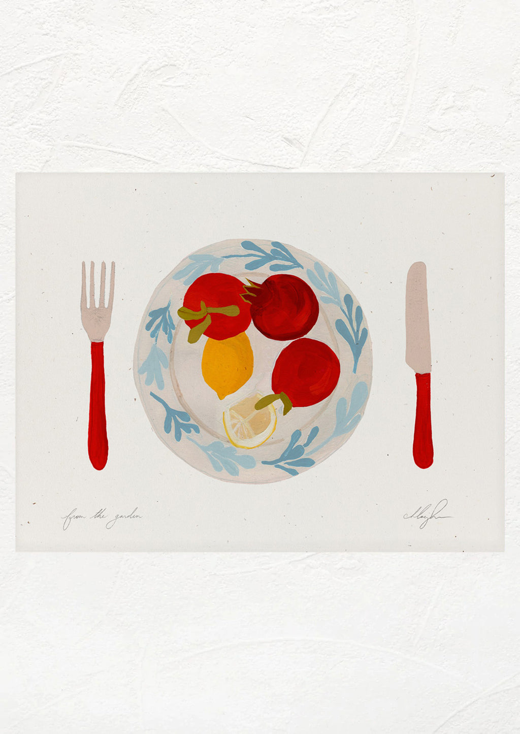 1: An art print of tomatoes and lemons on a plate with red knife and fork.