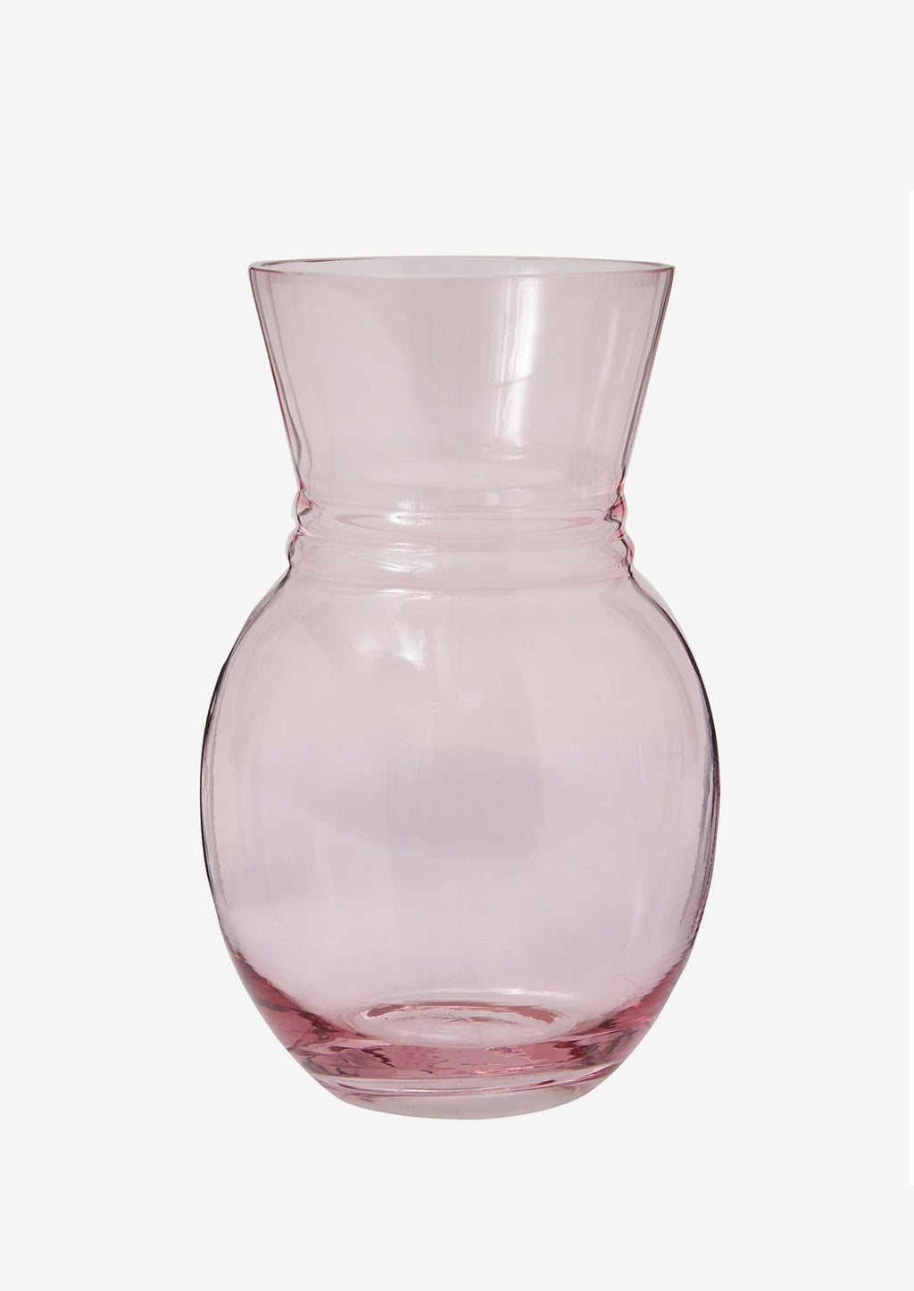 2: A pink tinted glass vase with pinched shape.