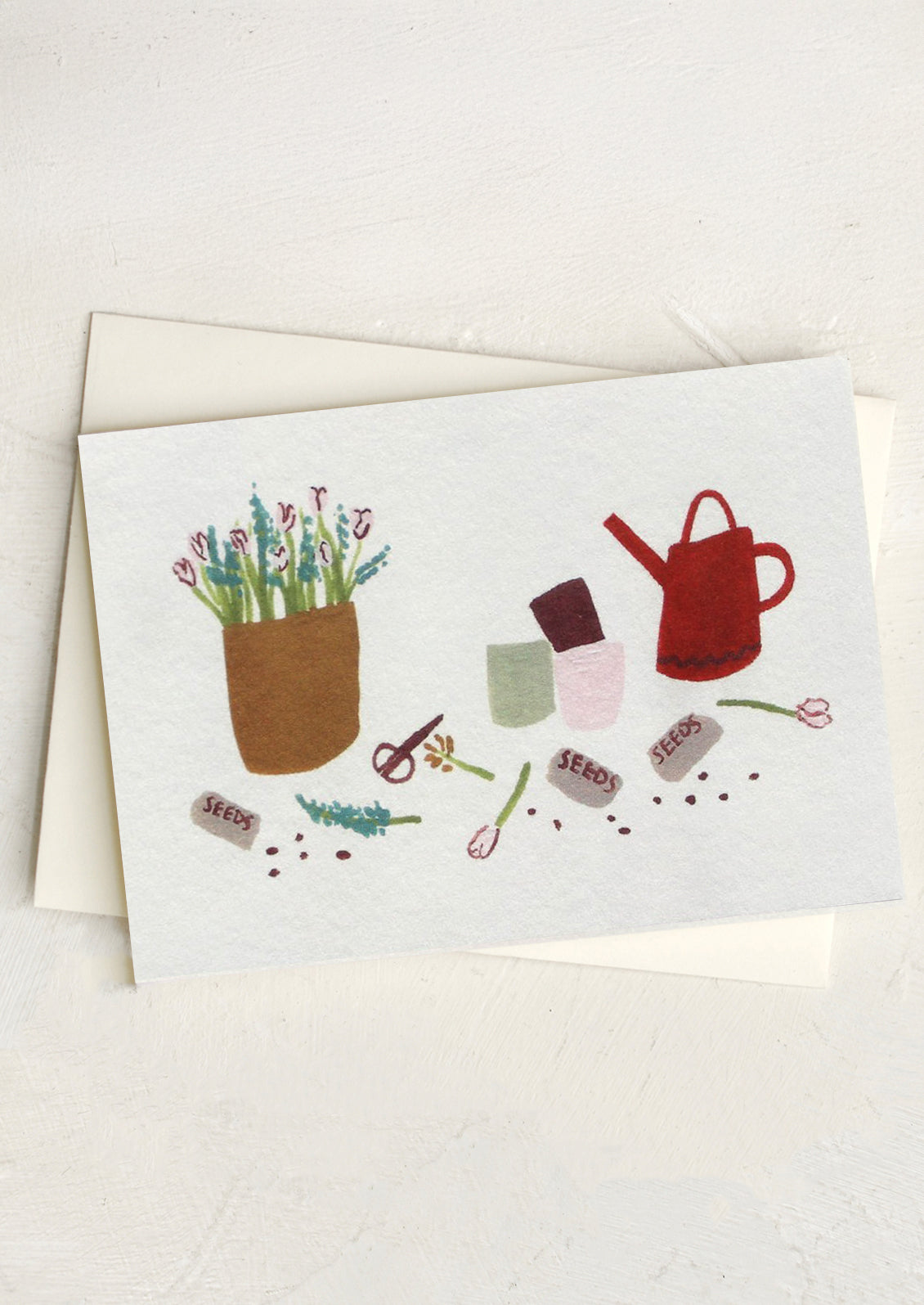 Greeting card with gardening illustrations on a white background