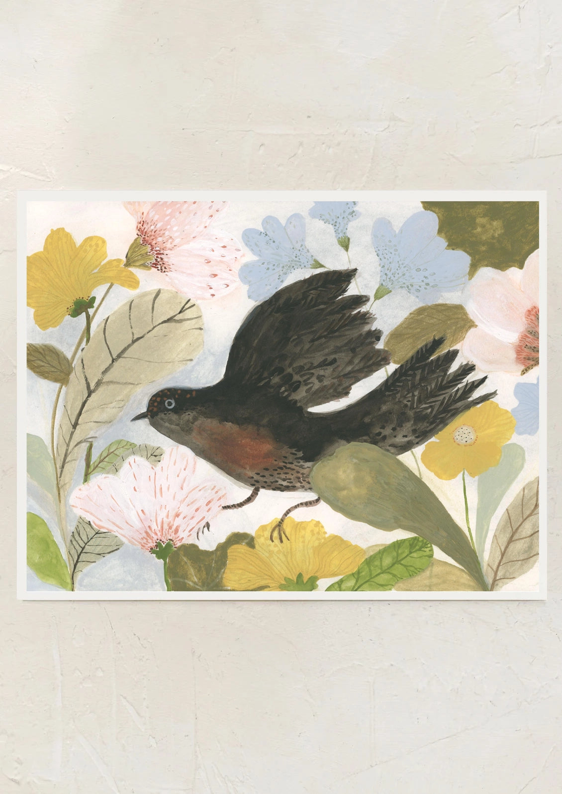 An art print of a depiction of a dark brown bird among a pastel floral backdrop.