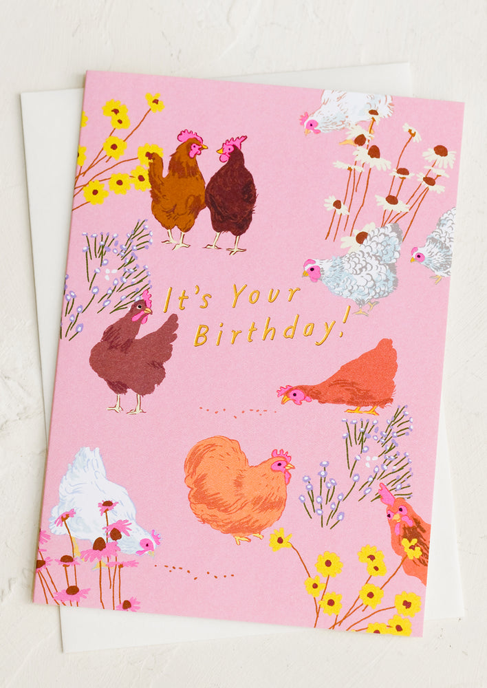 1: A pink chicken patterned card reading "It's your birthday!".