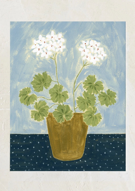 An art print depicting an illustration of white geraniums in a pot, on a blue background.
