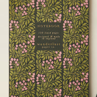 Geranium Flora: A green and pink floral print notebook.