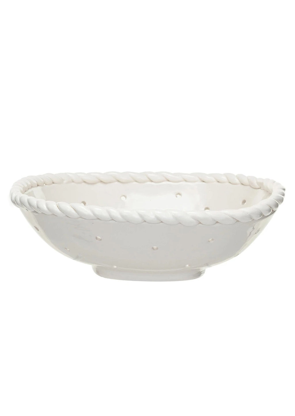 2: A white stoneware colander with twisted "rope" rim.