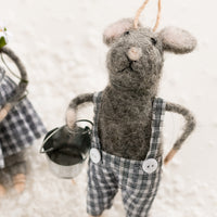 With Bucket: A felted grey mouse ornament in gingham suspenders, holding metal bucket.