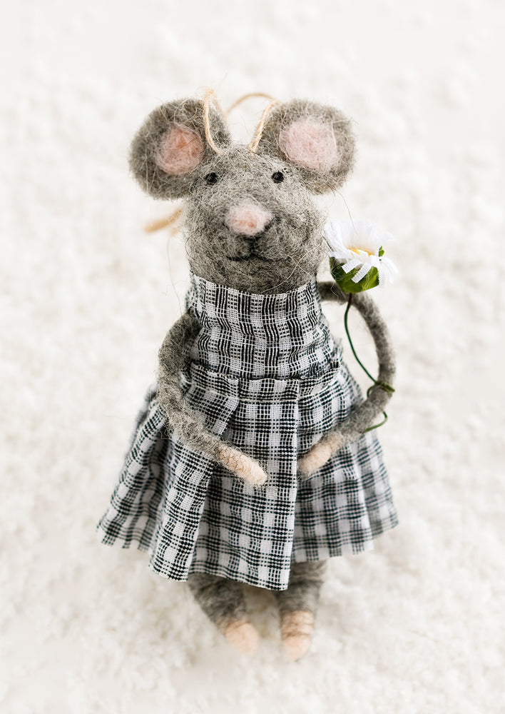 With Flower: A felted grey mouse ornament in gingham dress, holding flower.