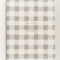 1: A scalloped edge card with grey gingham pattern reading "To the happy couple".
