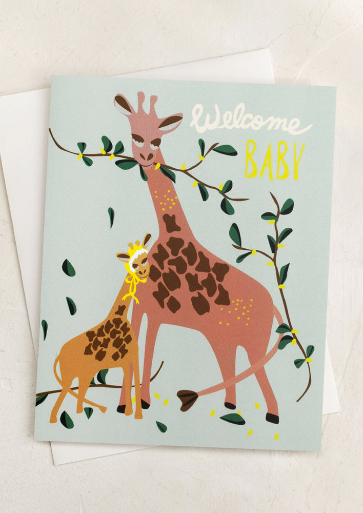 A card with mother and baby giraffe, text reads "Welcome baby".