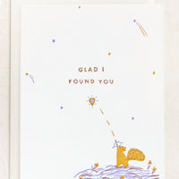 1: A card with illustration of squirrel shooting a heart arrow, text reads "Glad I found you".