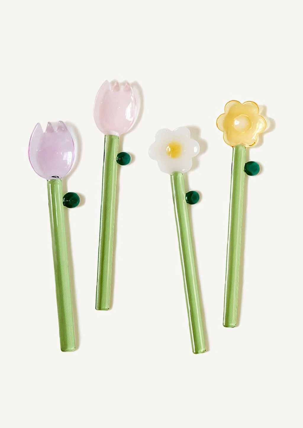 1: Glass flower spoons in assorted colors.