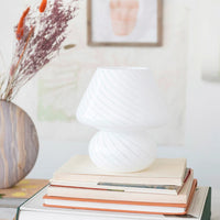 1: A white art glass table lamp with white/clear spiral pattern.