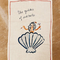 Goddess of Cocktails: A white linen tea towel with Goddess of Cocktail graphic and text.