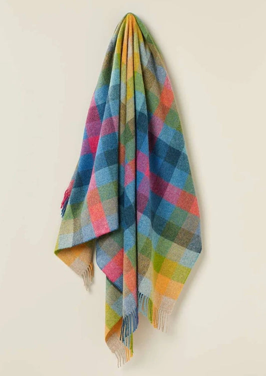 A multicolor plaid wool throw blanket with fringe, hanging against a plain off-white background.