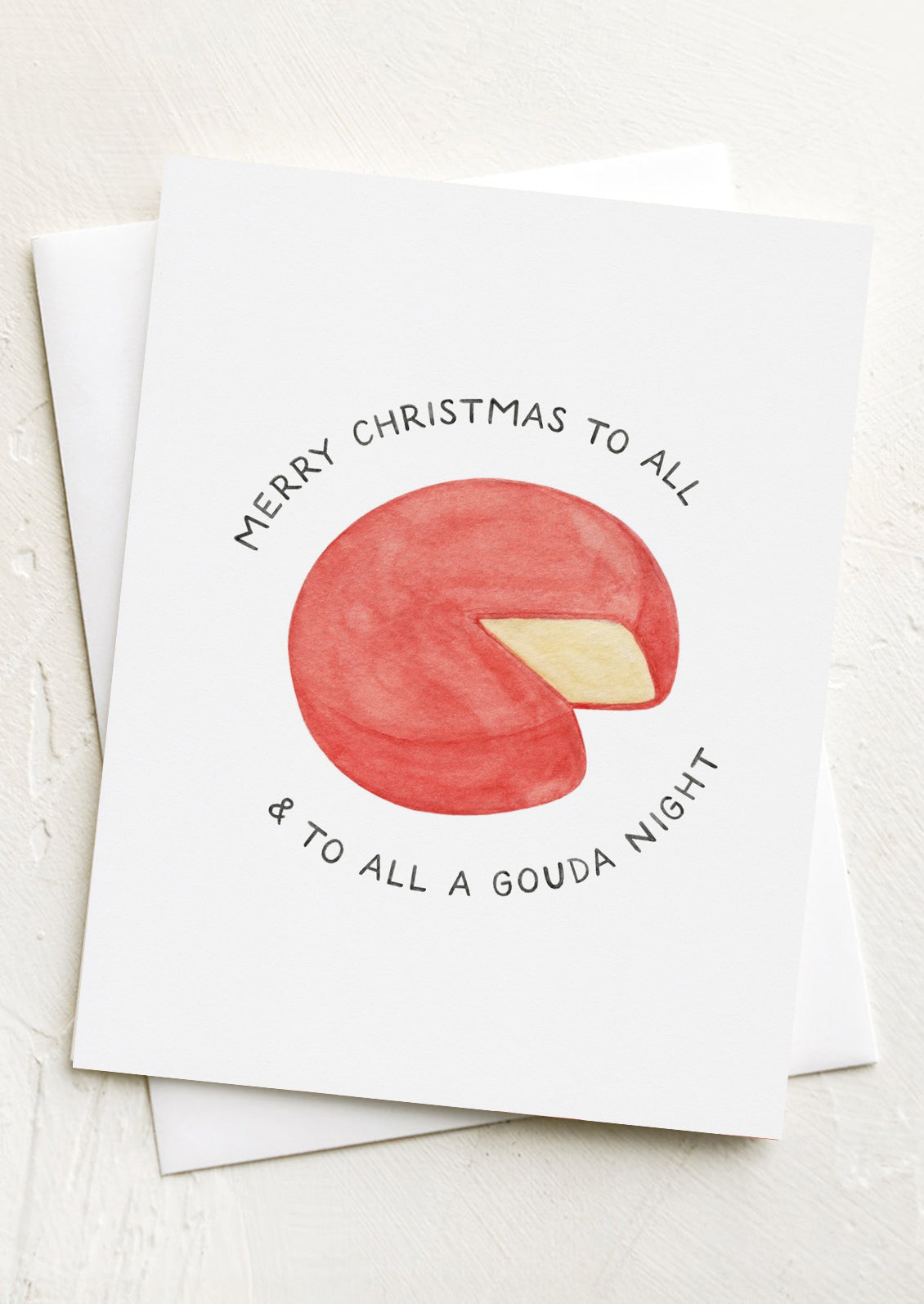 Card with a red Gouda cheese illustration and Christmas text on a white background