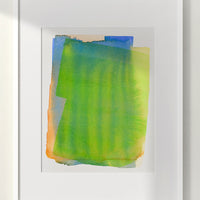 2: Art print of a watercolor abstract form in green, yellow, blue and orange, in white frame.