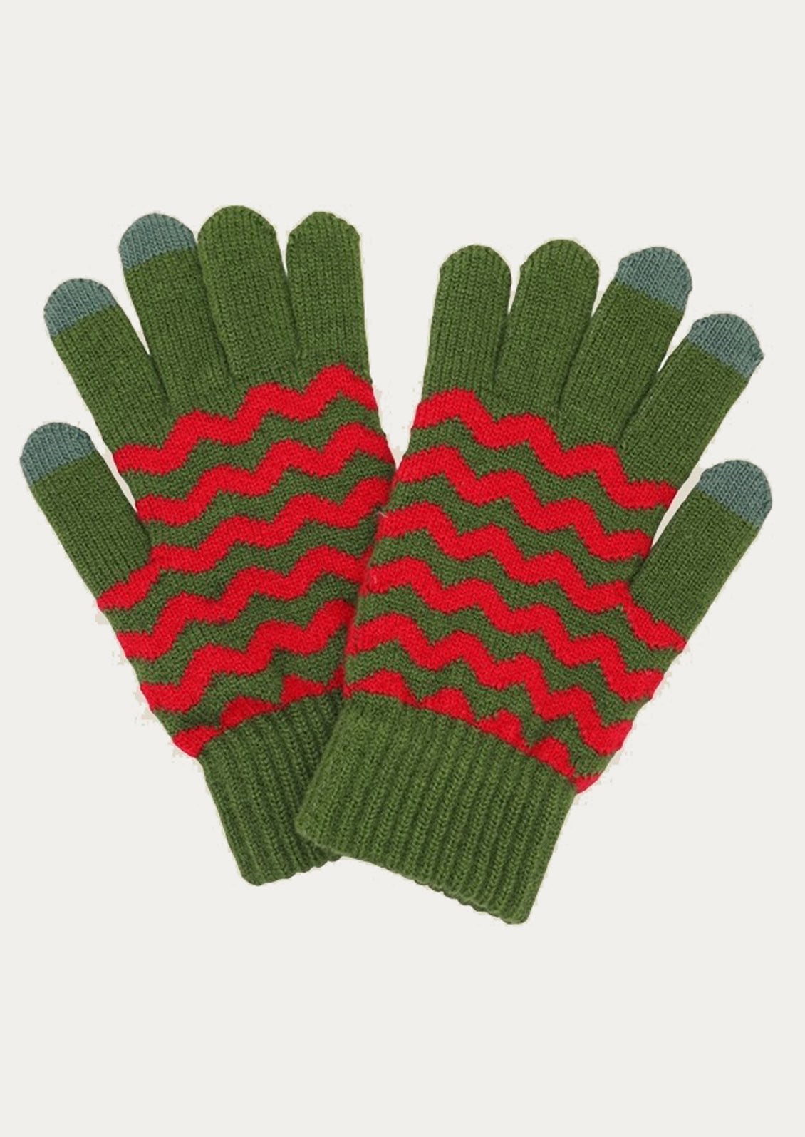 Pair of green gloves with red zigzag pattern on a light gray background
