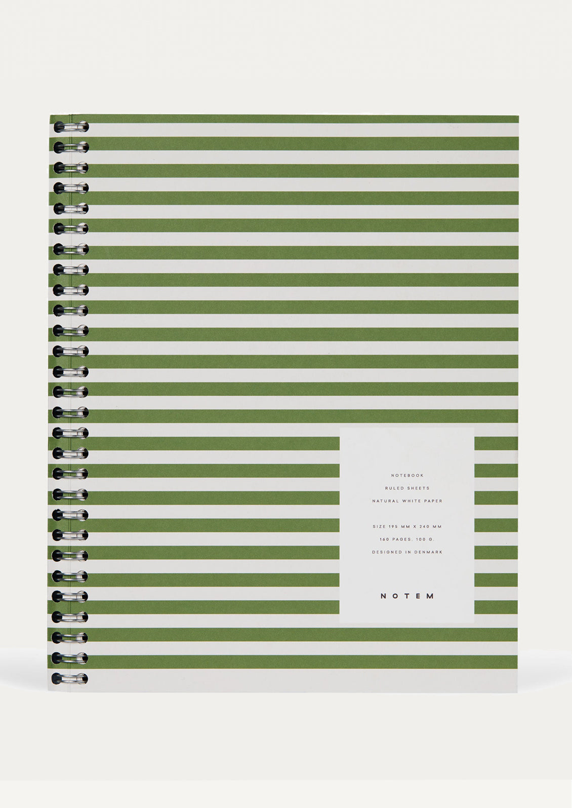 Notebook with green striped design and Notem branding on a white background