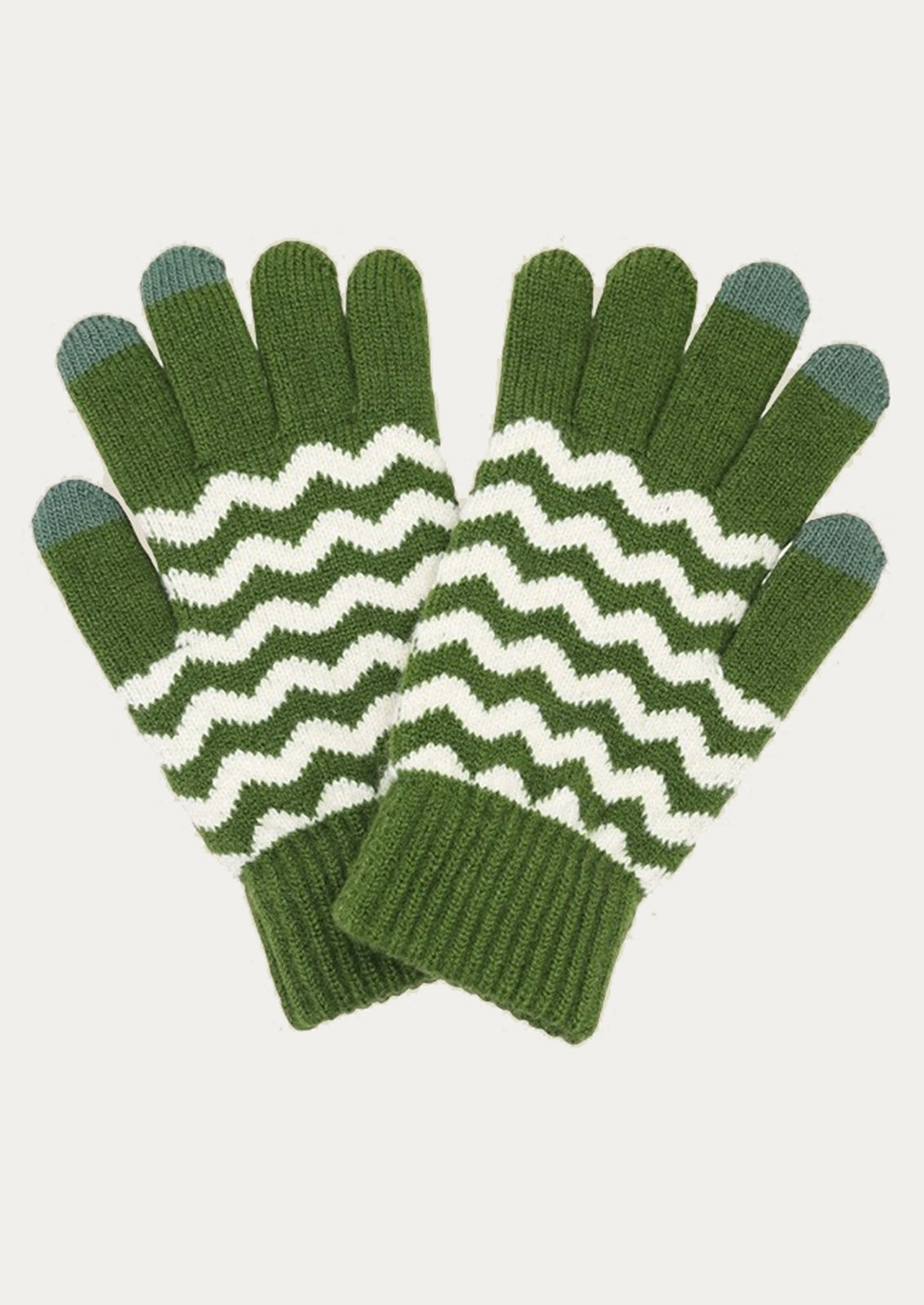 Green and white zigzag patterned gloves on a light gray background