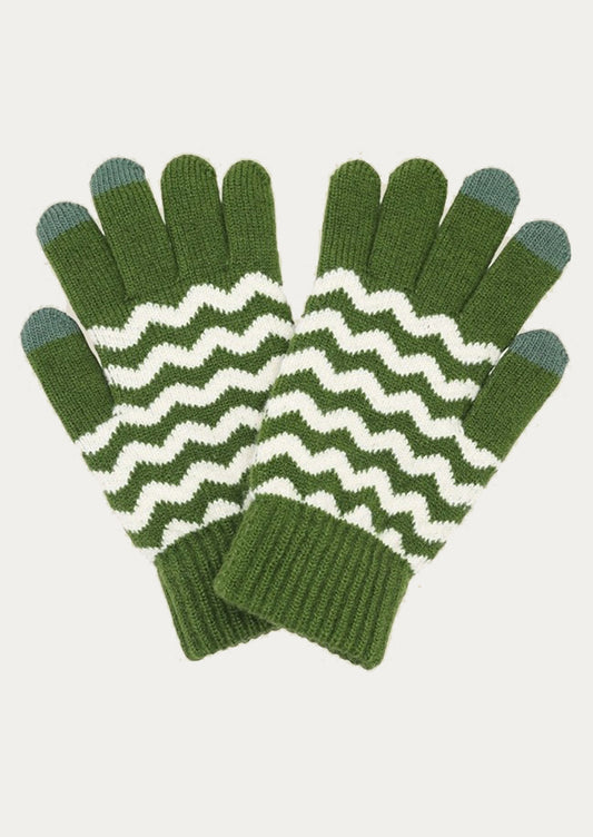 Green and white zigzag patterned gloves on a light gray background