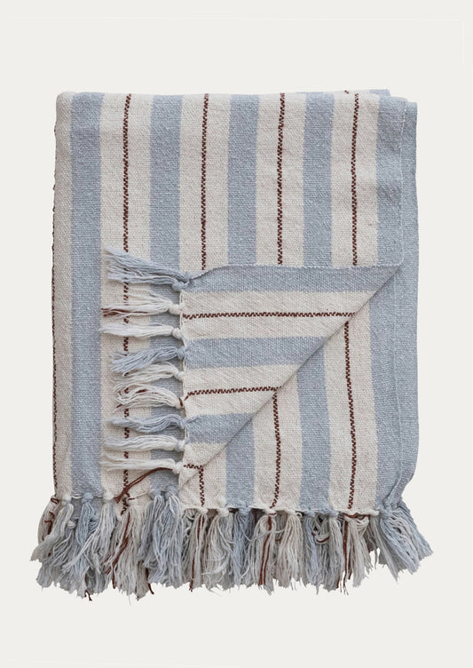 A blue and brown striped blanket with fringe trim.