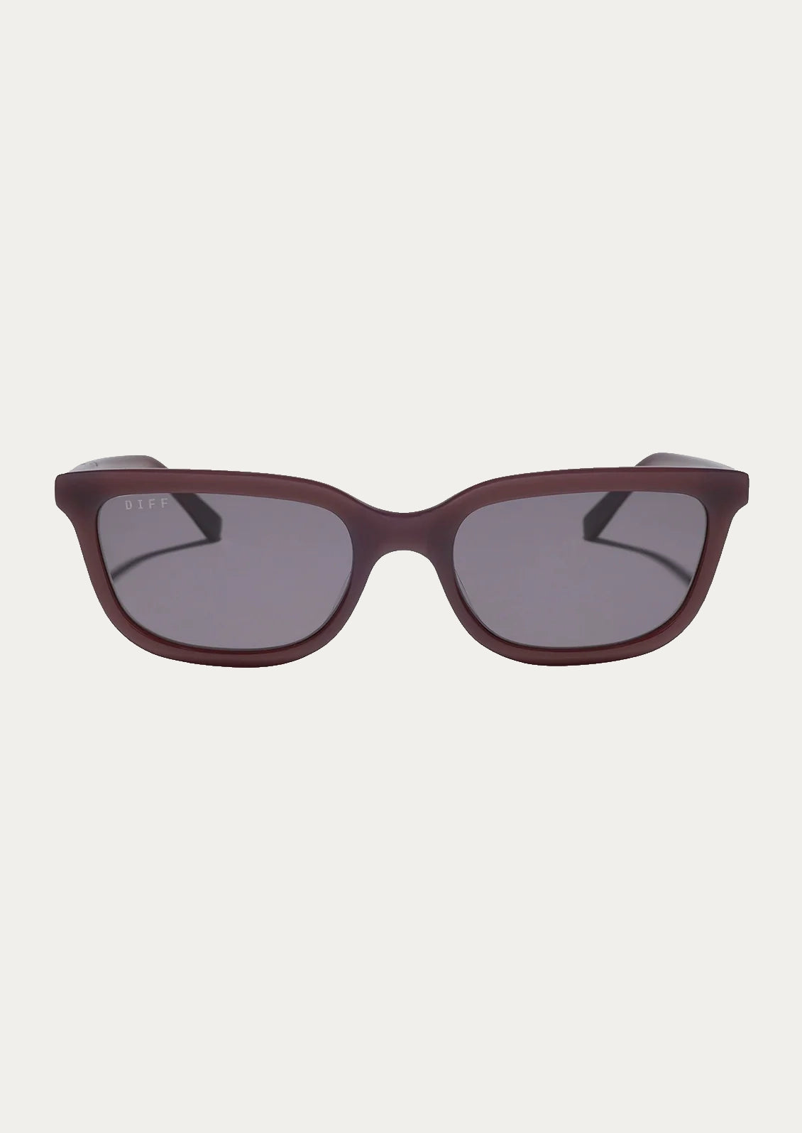 A pair of square sunglasses with plum colored frames.