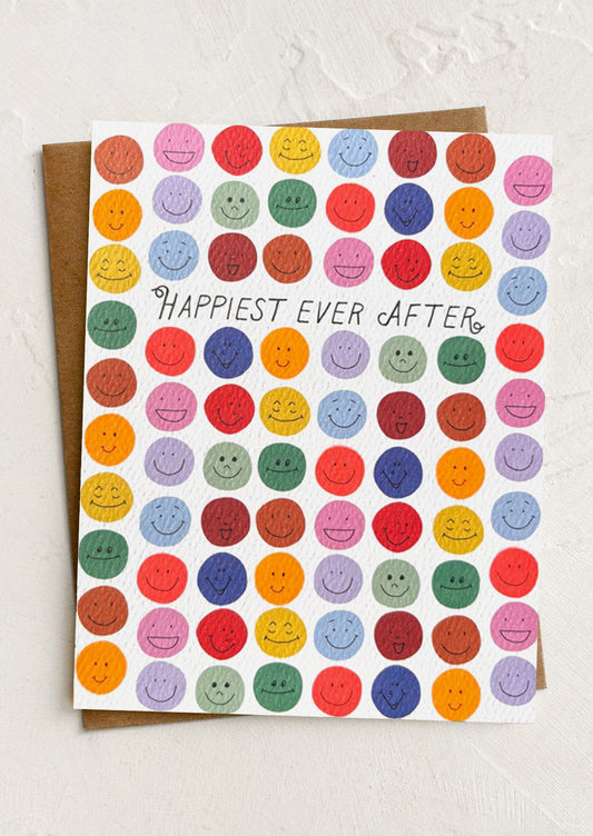 Card with colorful smiley faces and 'Happiest Ever After' text on a white background
