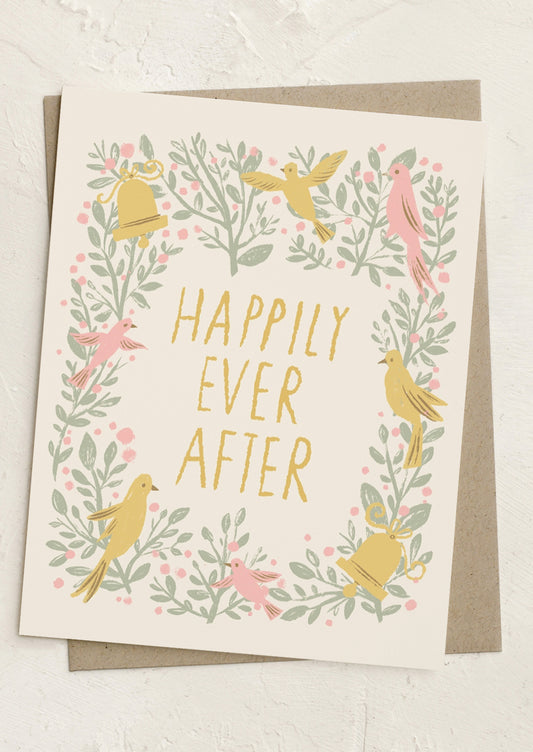 Greeting card with 'Happily Ever After' text and bird illustrations on a white background