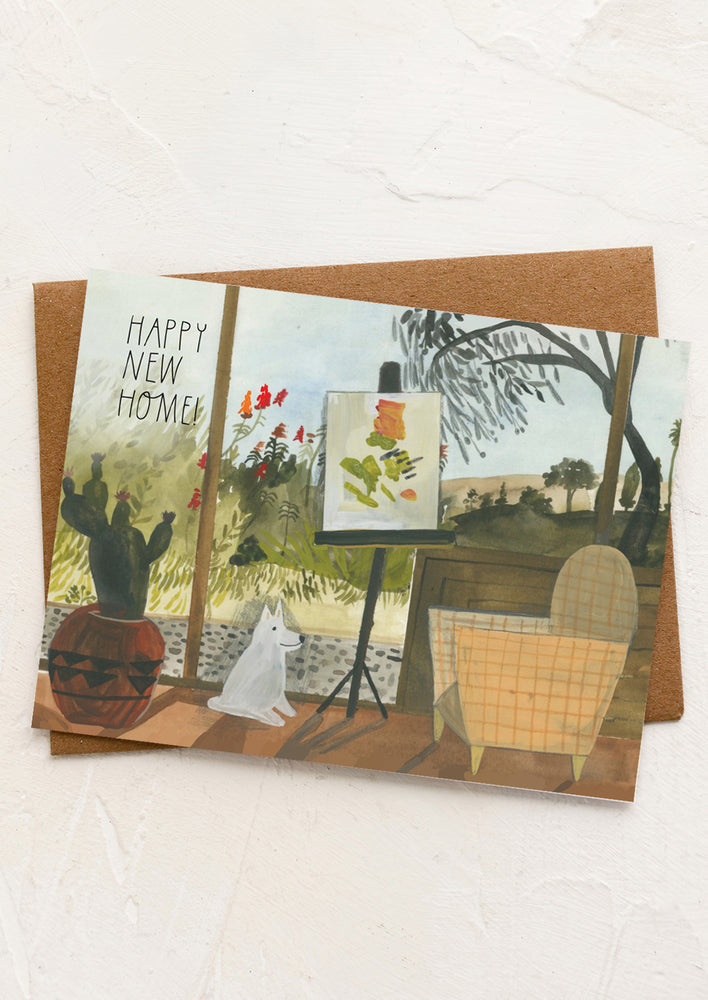 An illustrated card with home scene reading "Happy New Home!".