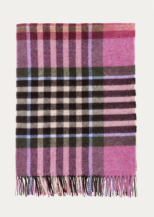 A plaid throw blanket in raspberry and black colorway.