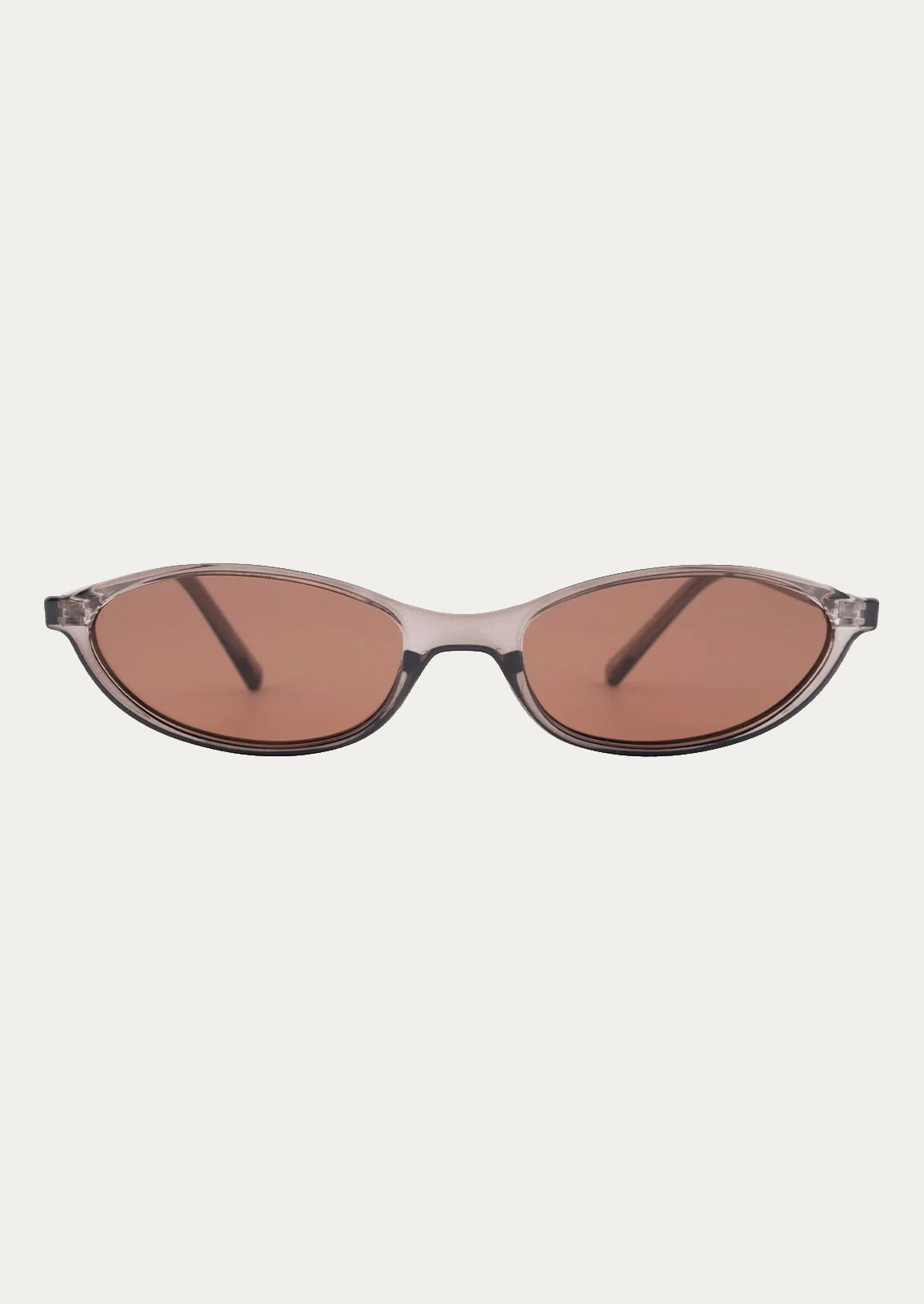 A pair of rounded cat eye sunglasses with a transparent olive frame and brown lenses.