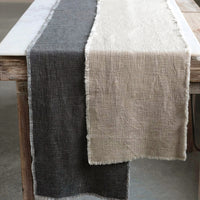1: Linen blend table runners in beige and charcoal.