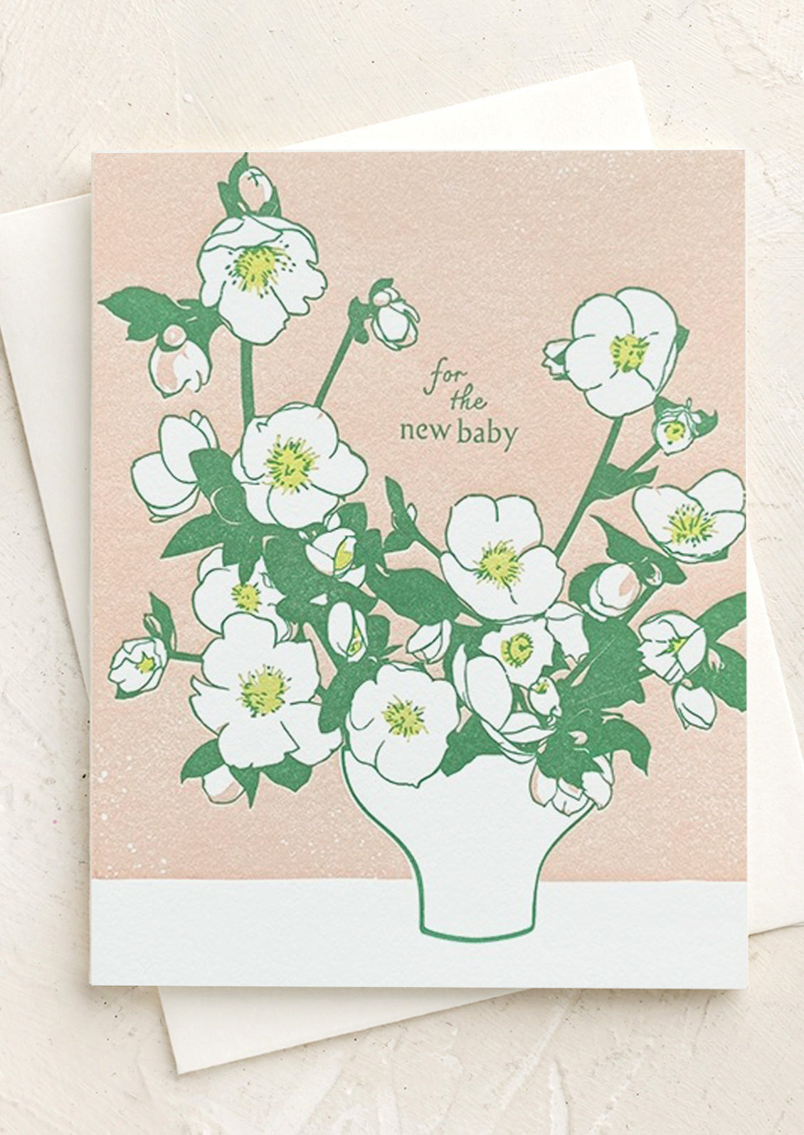 A card with image of hellebore flowers in a vase, text reads "For the new baby".