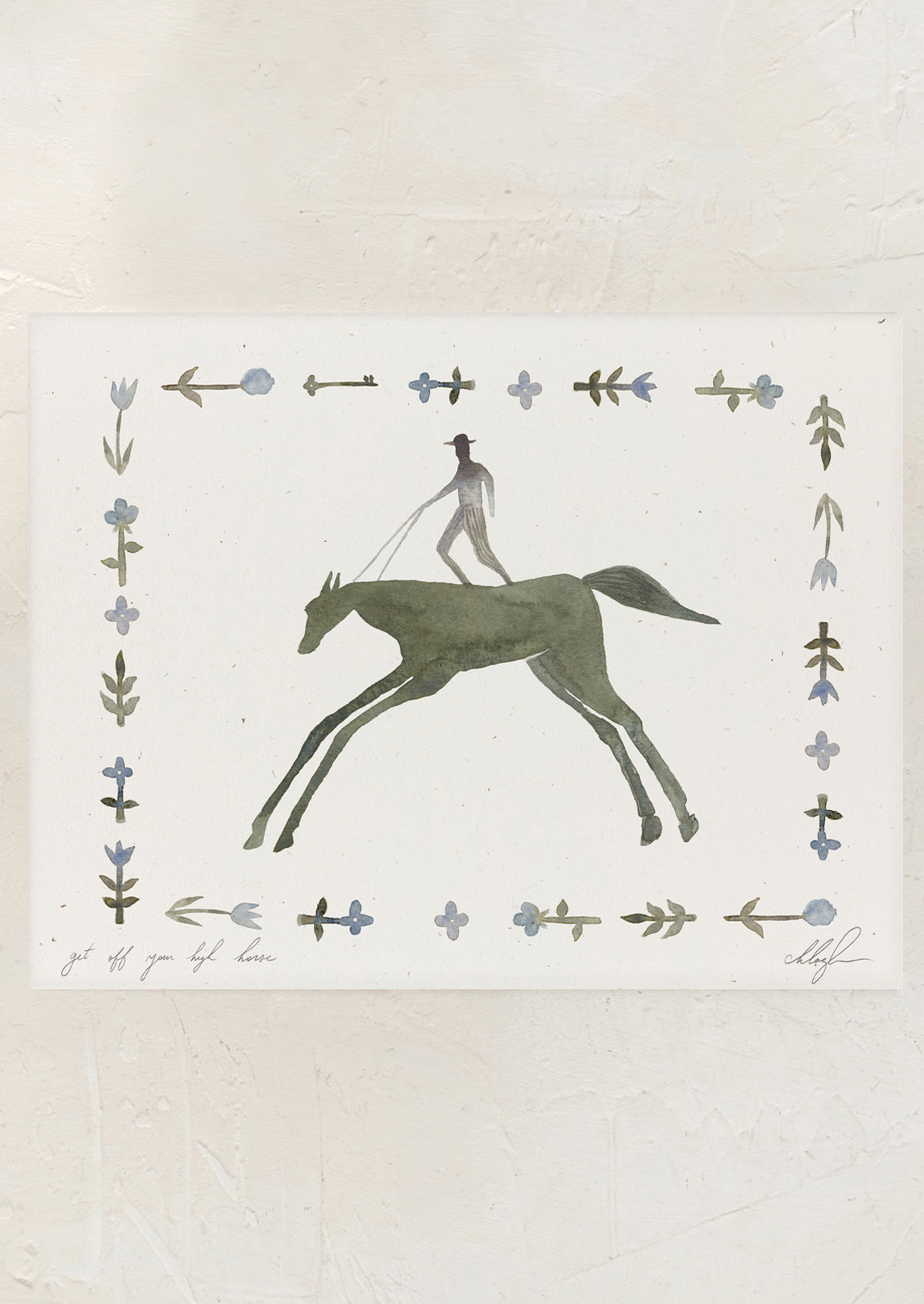 An art print of a watercolor painting of a shadow of a man on a big horse.