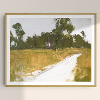 2: An art print of painting of road along the woods in frame.