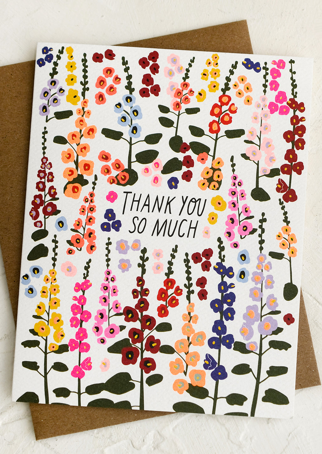 Single Card: A hollyhock flower print thank you card.
