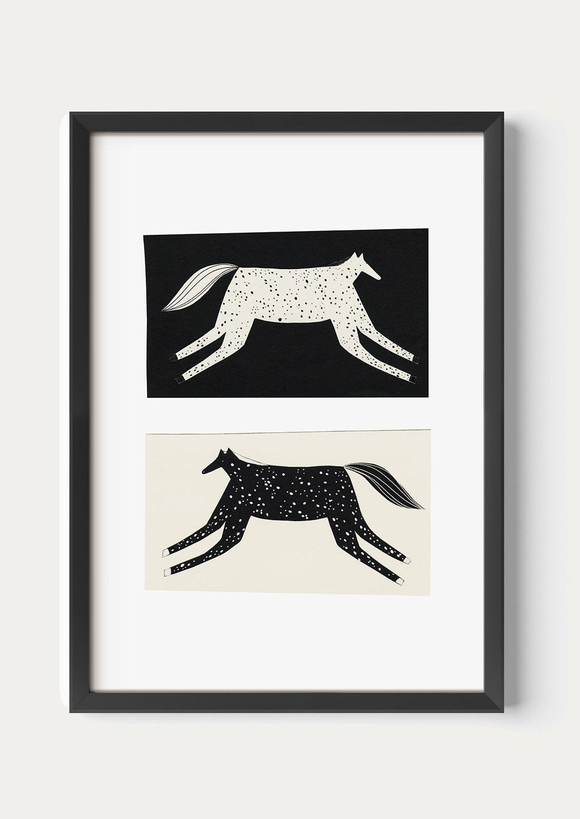 Two black and white illustrations of horses on a light gray background