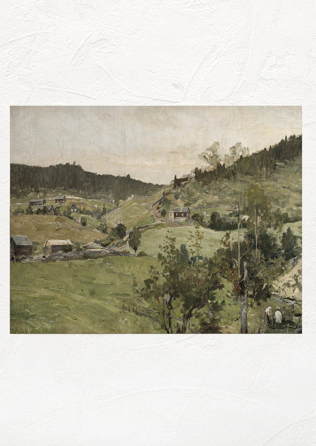 1: A vintage reproduction print of hilly landscape.